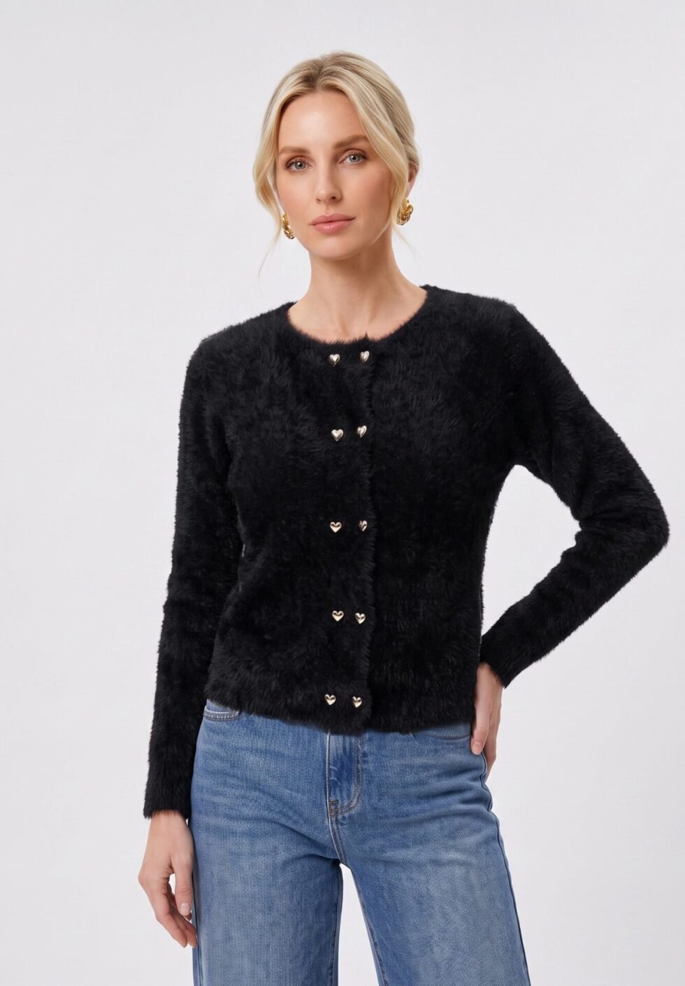 Anna Field by Zalando FUZZY HEART BUTTON - Cardigan - black