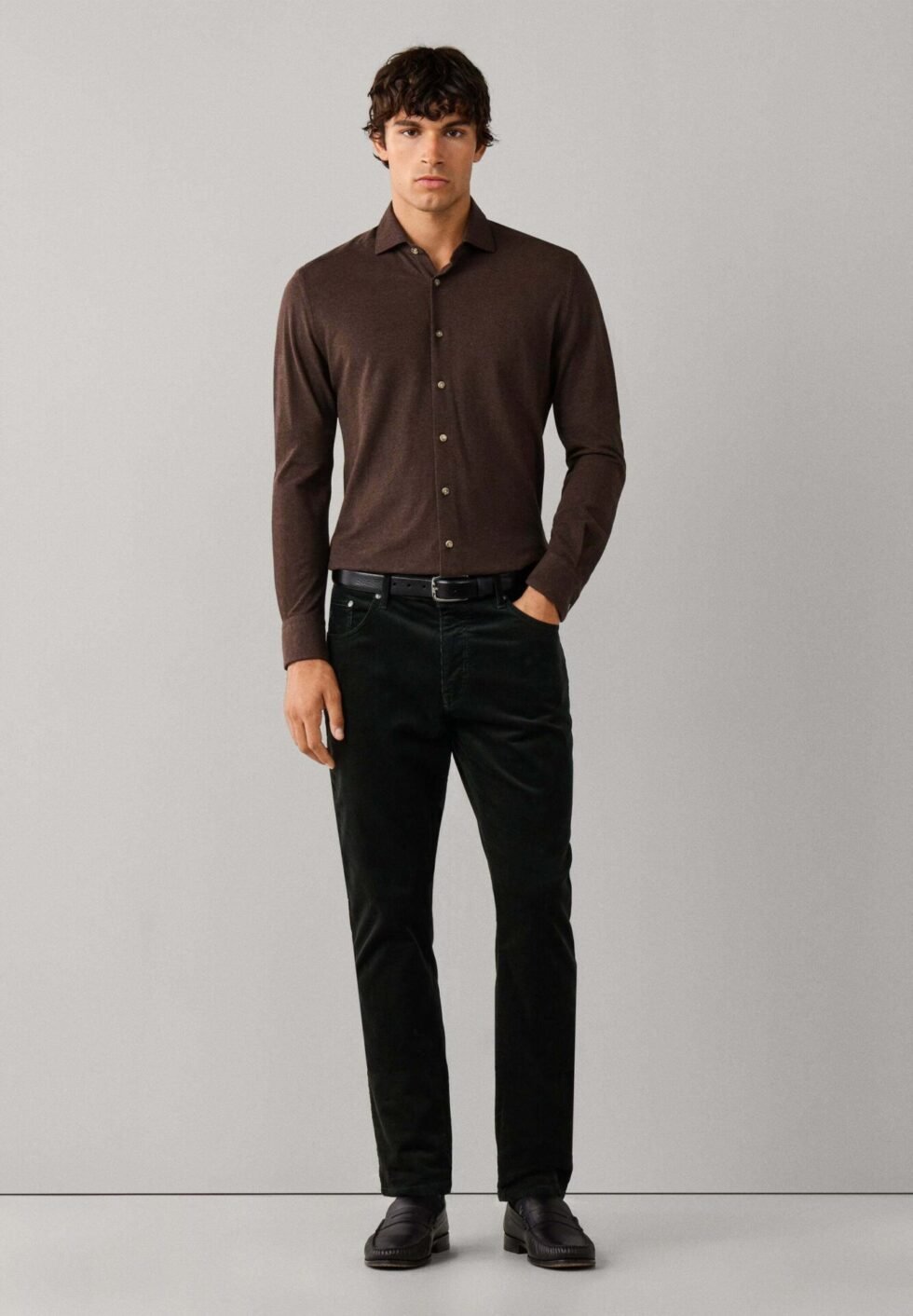 HACKETT LONDON SHIRT MELANGE JERSEY PIQUE - Shirt - dark brown