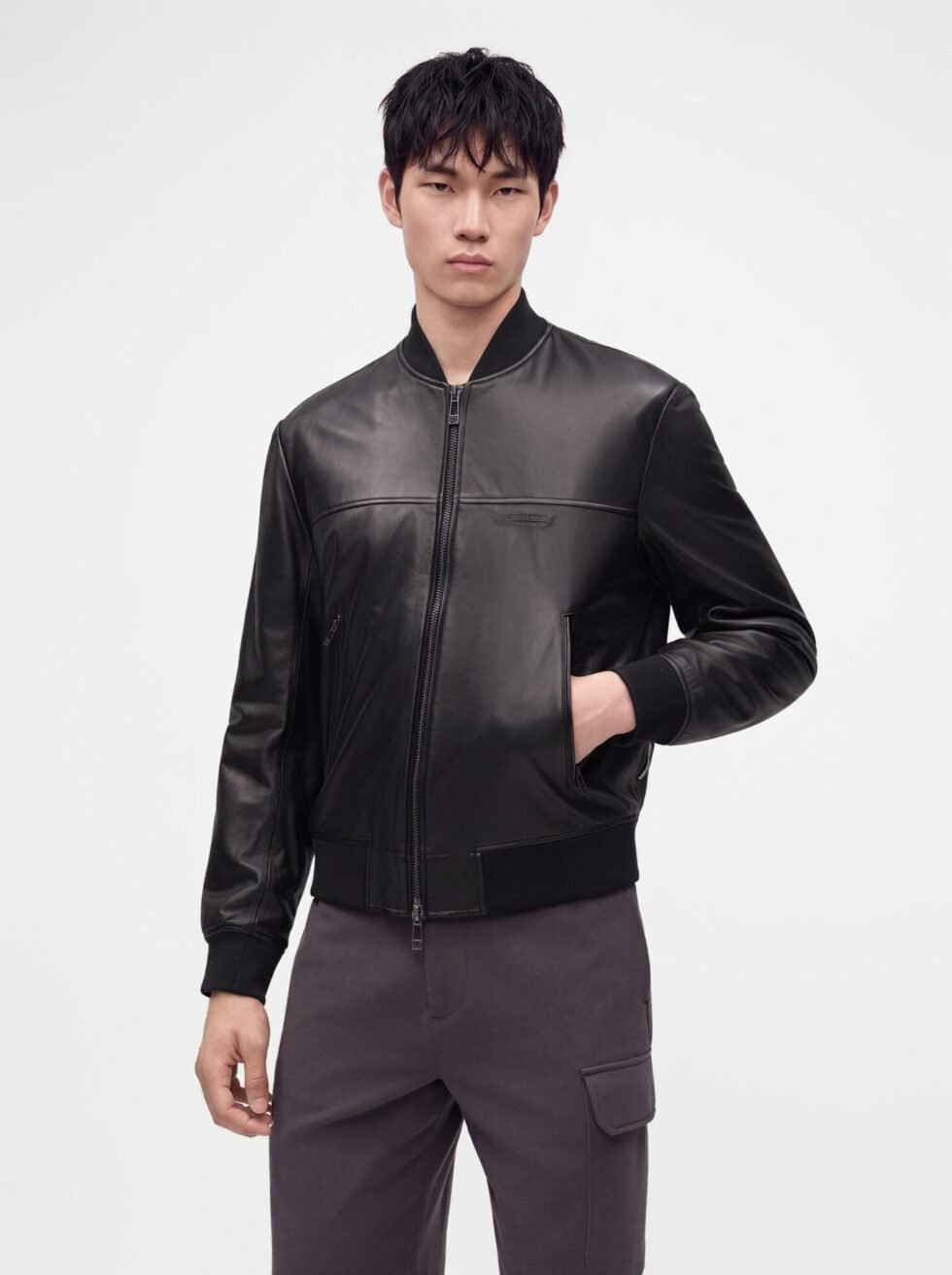 Armani Exchange LEATHER BLOUSON JACKET - Bomber Jacket - black
