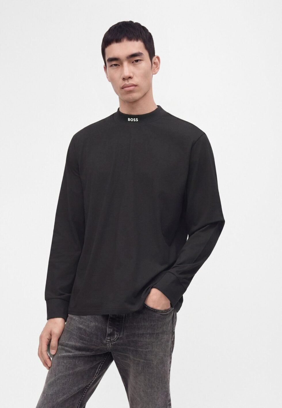 BOSS TEE COLLAR LONG - Long sleeved top - black